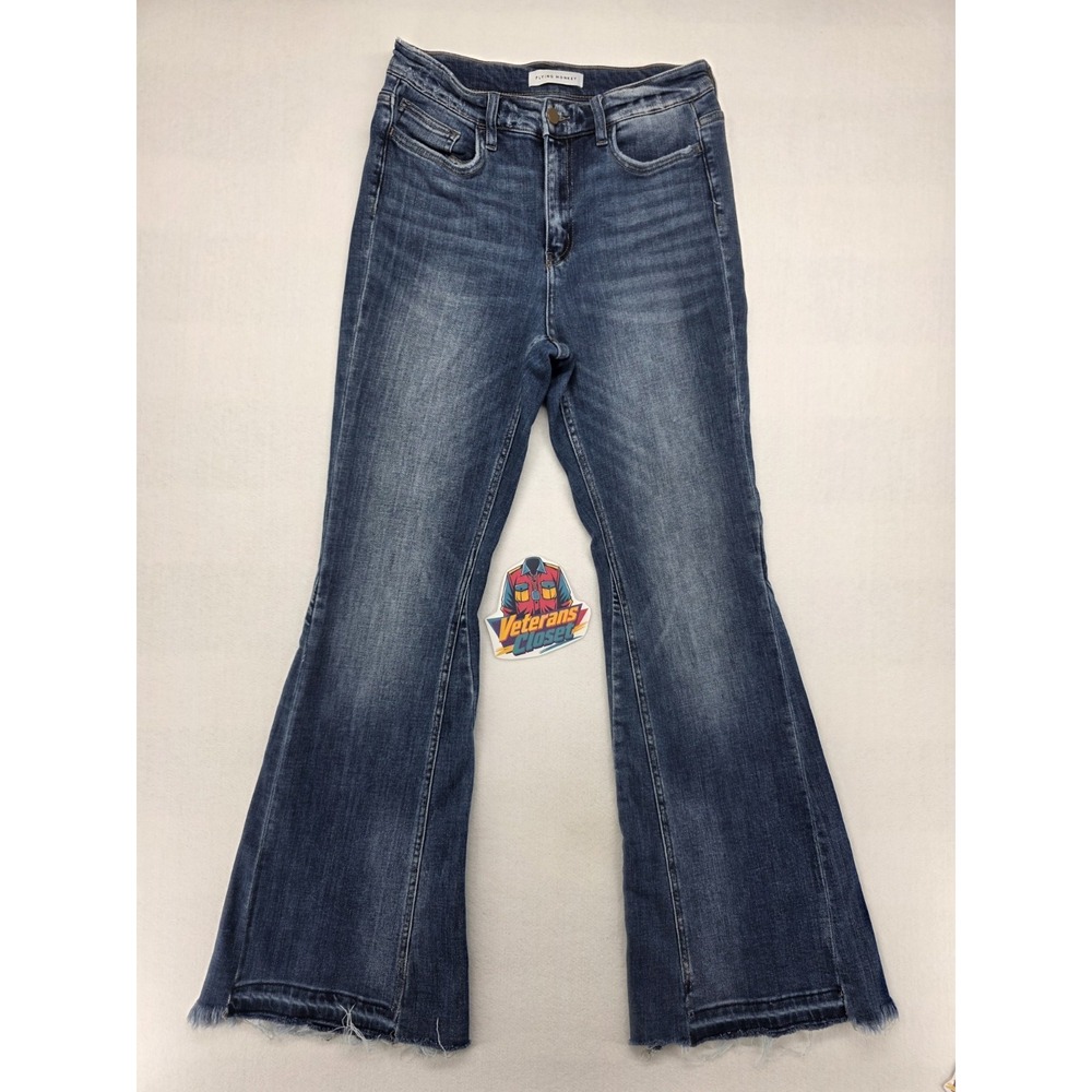 Flying Monkey Jeans Womens 29x32 High Rise Super Flare Blue Distressed Raw Hem